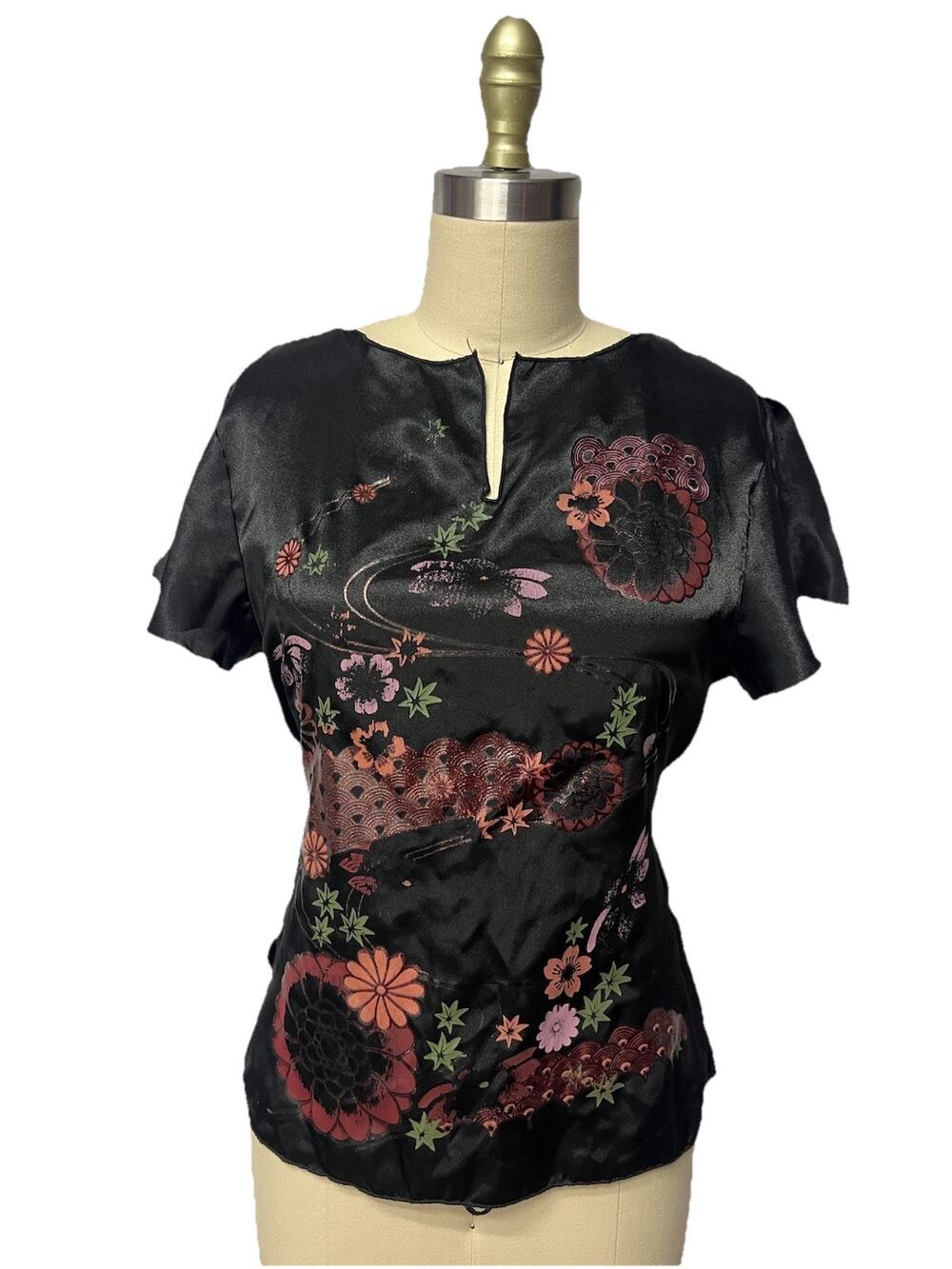 Vintage Y2K Whimsigoth Black Satin Waist Tie Floral Painted Flutter Sleeve Top